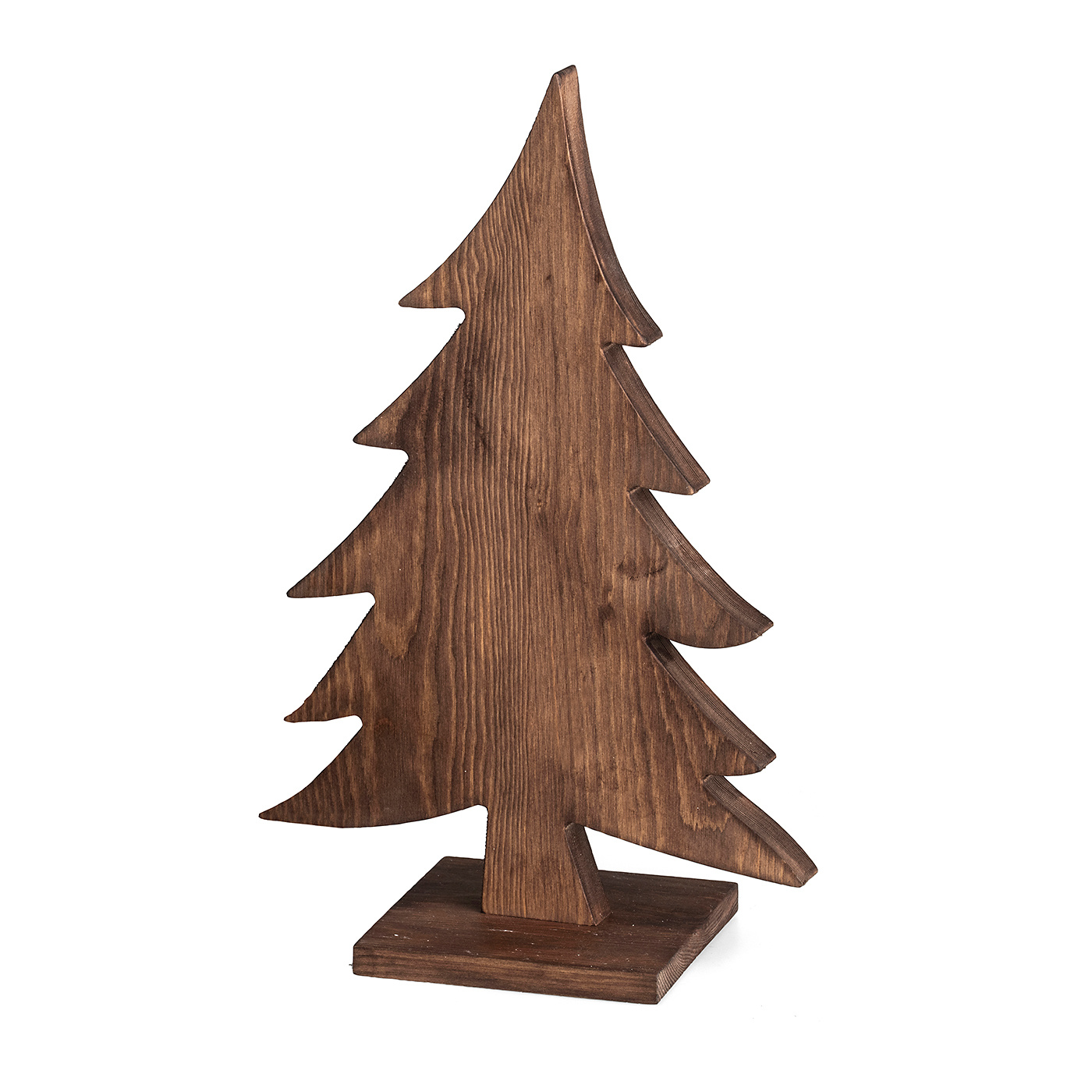 Närbild på brunbetsad julgran i trä, handmålad