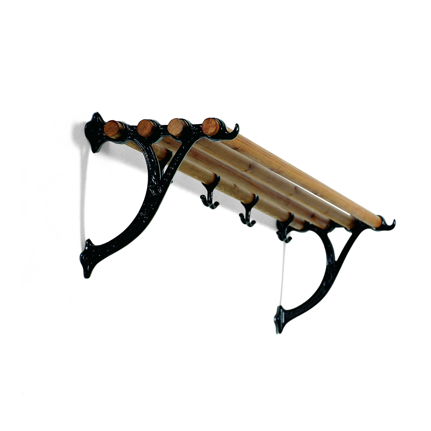 Hatthylla i sekelskiftesstil med svarta gjutjärnskonsoler och brunbetsad rundstav 